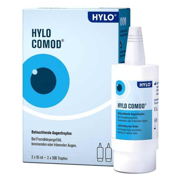 Flacon de larmes artificielles Hylo Commod pour soulager la sécheresse oculaire, avec une formule hydratante longue durée.