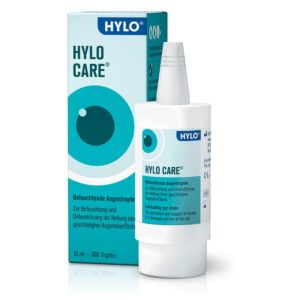 Flacon de larmes artificielles Hylo Care pour soulager la sécheresse oculaire avec une formule hydratante nourrissante pour un confort oculaire prolongé.